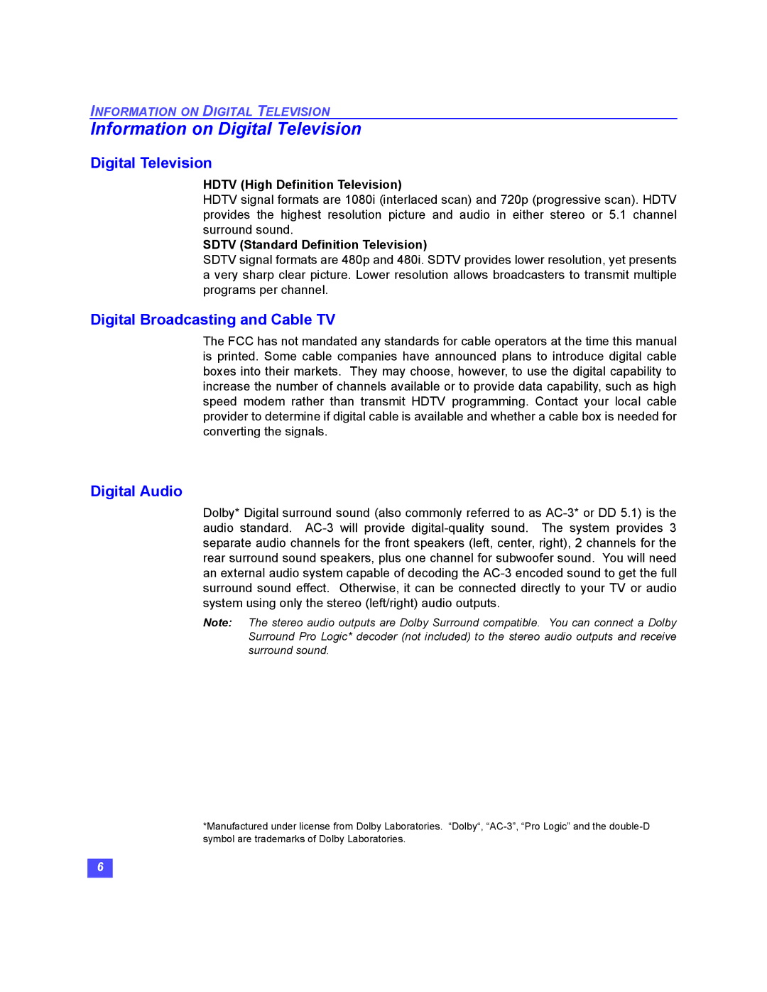 Panasonic TU-HDS20 manual Information on Digital Television, Digital Broadcasting and Cable TV, Digital Audio 