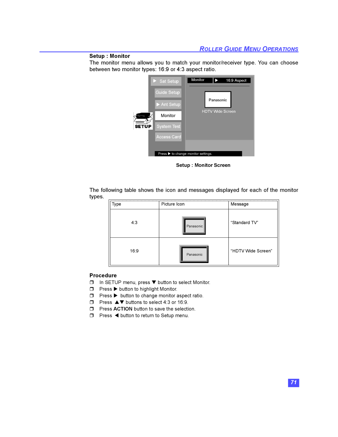 Panasonic TU-HDS20 manual Setup Monitor 