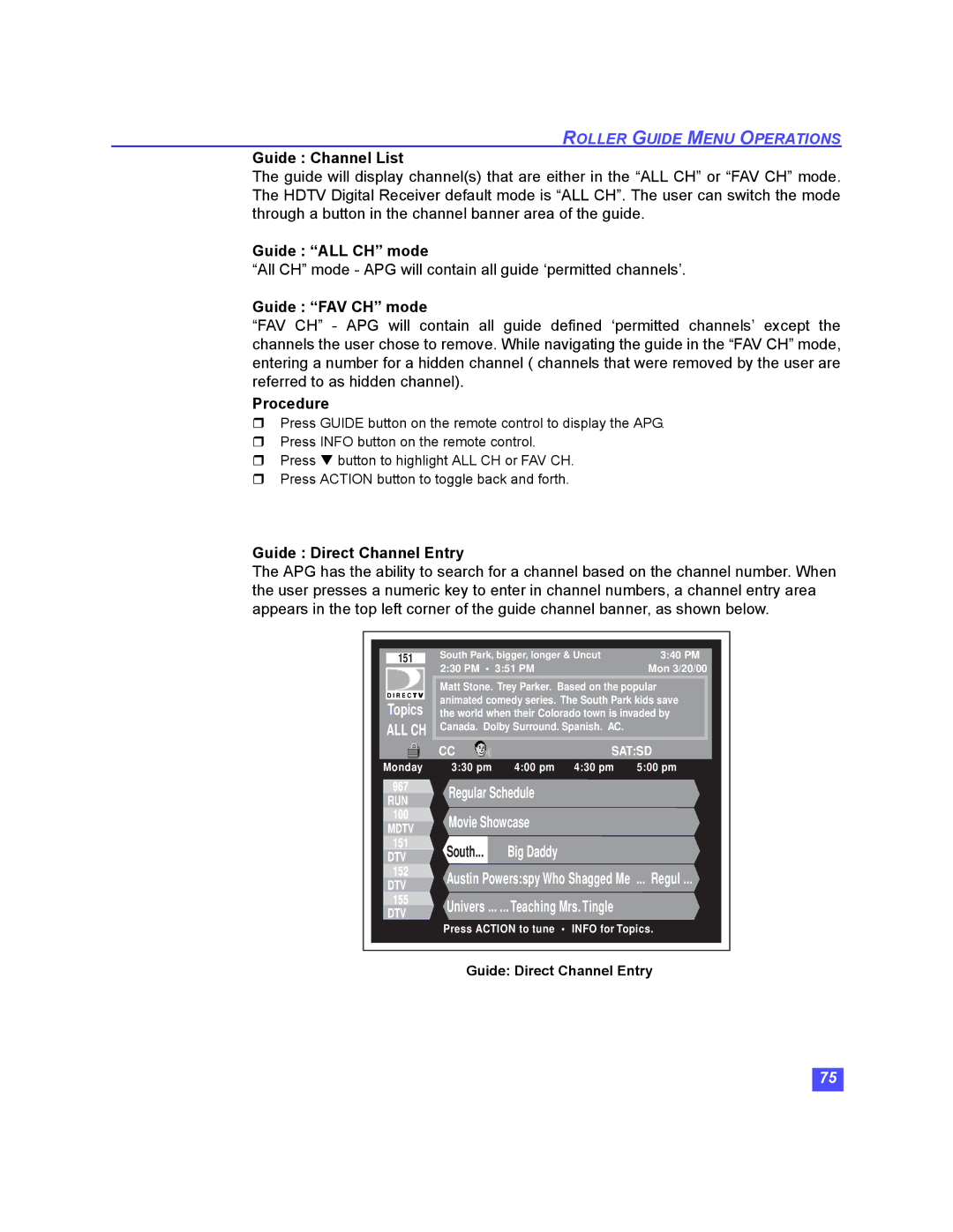 Panasonic TU-HDS20 manual Guide Channel List, Guide ALL CH mode, Guide FAV CH mode, Guide Direct Channel Entry 