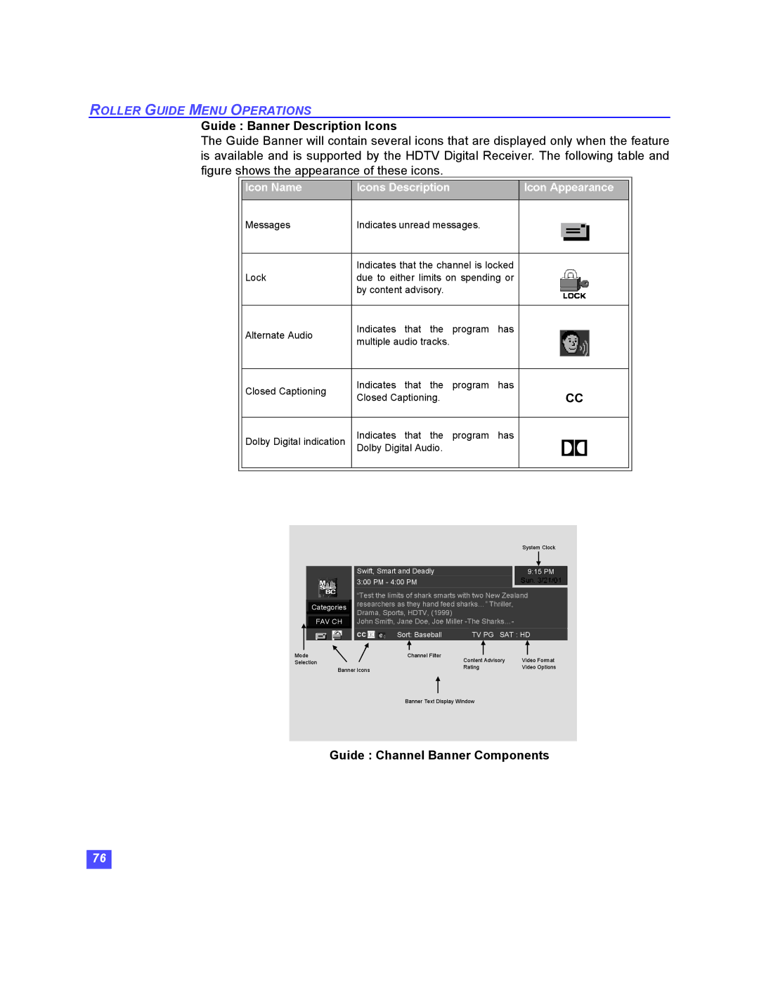 Panasonic TU-HDS20 manual Guide Banner Description Icons, Guide Channel Banner Components 