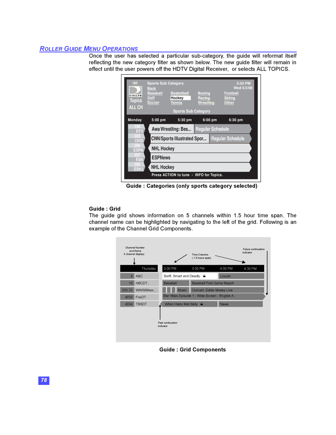 Panasonic TU-HDS20 manual Guide Categories only sports category selected Guide Grid, Guide Grid Components 