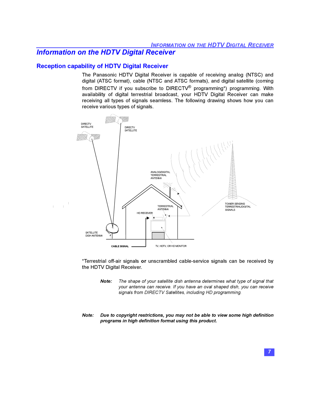 Panasonic TU-HDS20 manual Information on the Hdtv Digital Receiver, Reception capability of Hdtv Digital Receiver 