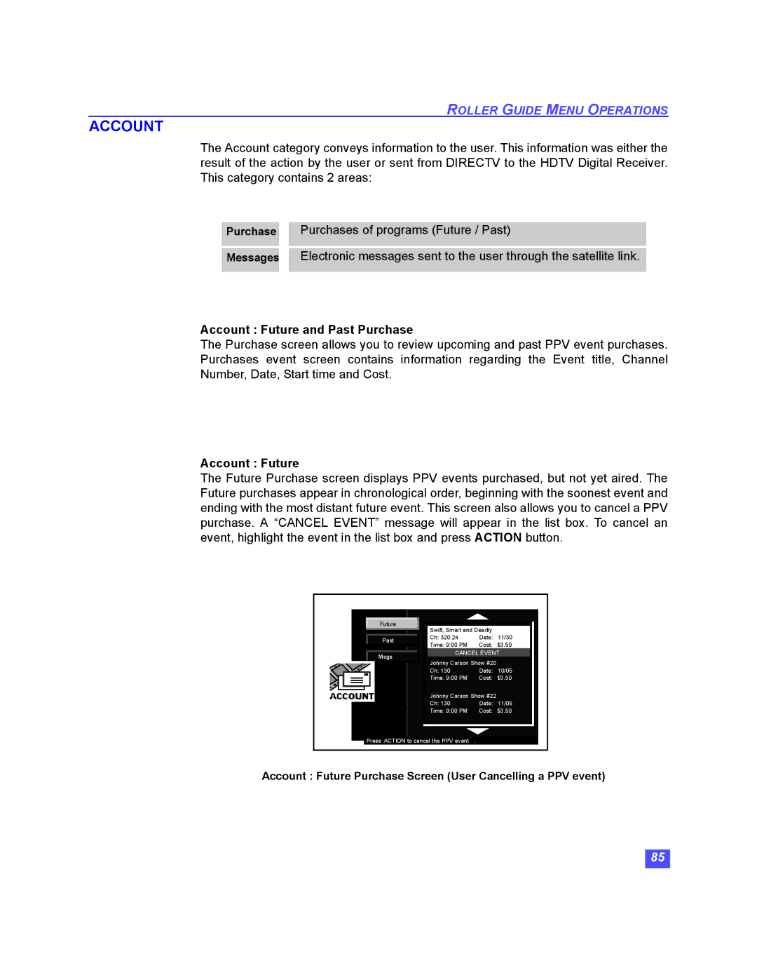 Panasonic TU-HDS20 manual Account Future and Past Purchase 