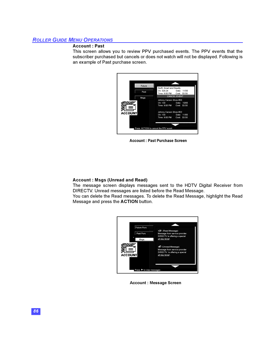 Panasonic TU-HDS20 manual Account Past, Account Msgs Unread and Read 