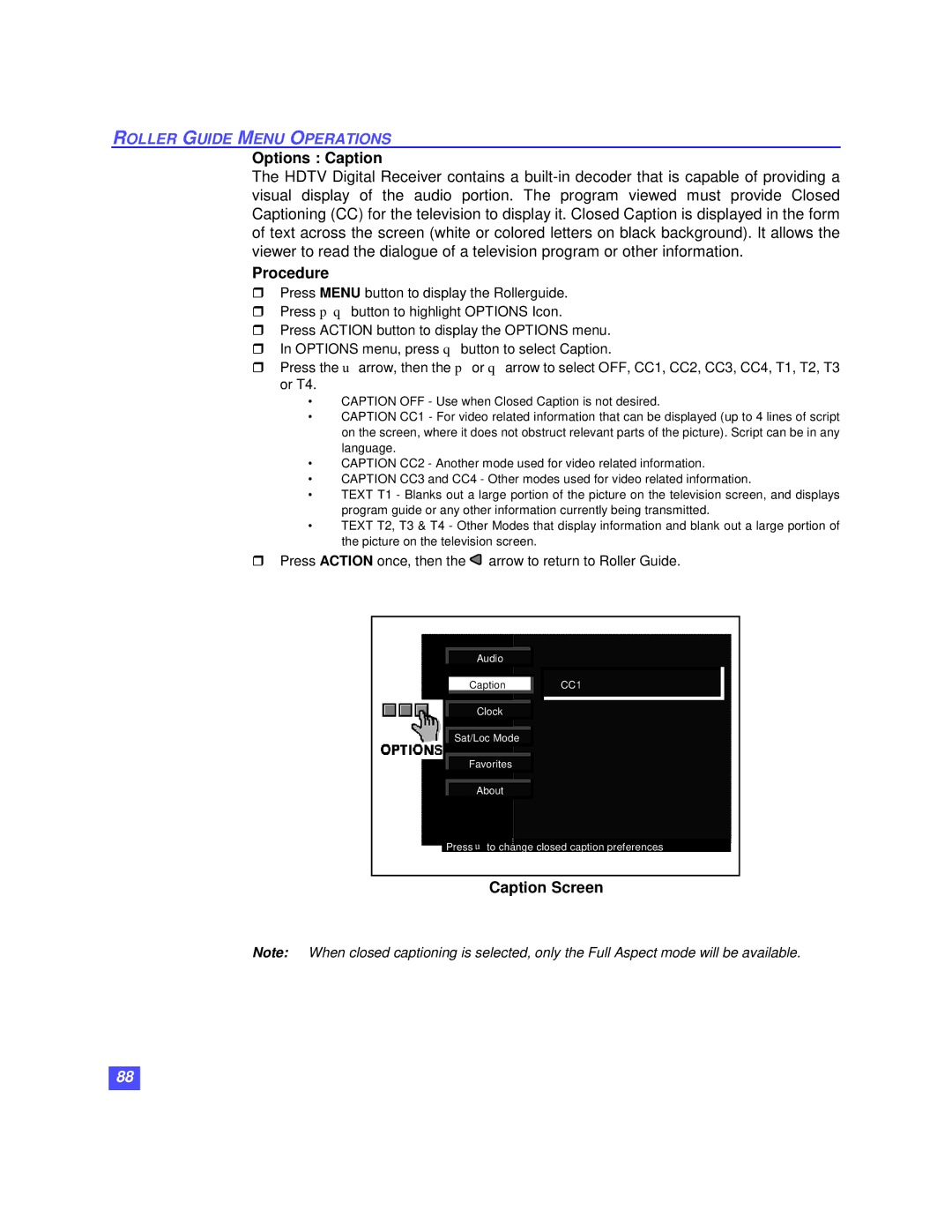 Panasonic TU-HDS20 manual Options Caption, Caption Screen 