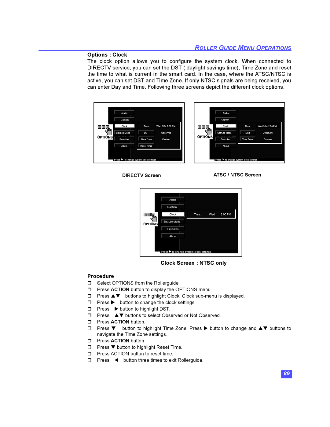 Panasonic TU-HDS20 manual Options Clock, Clock Screen Ntsc only Procedure 