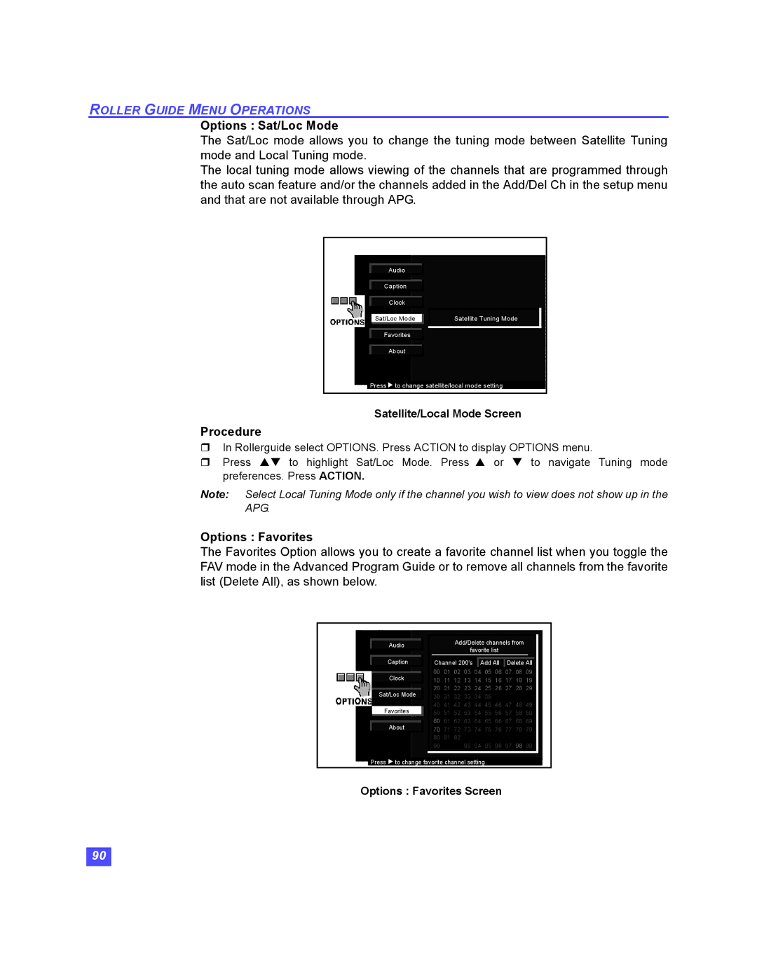 Panasonic TU-HDS20 manual Options Sat/Loc Mode, Options Favorites 