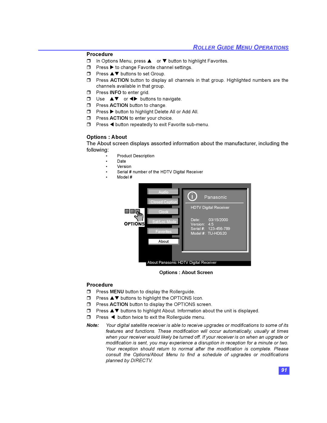 Panasonic TU-HDS20 manual Options About, Panasonic 