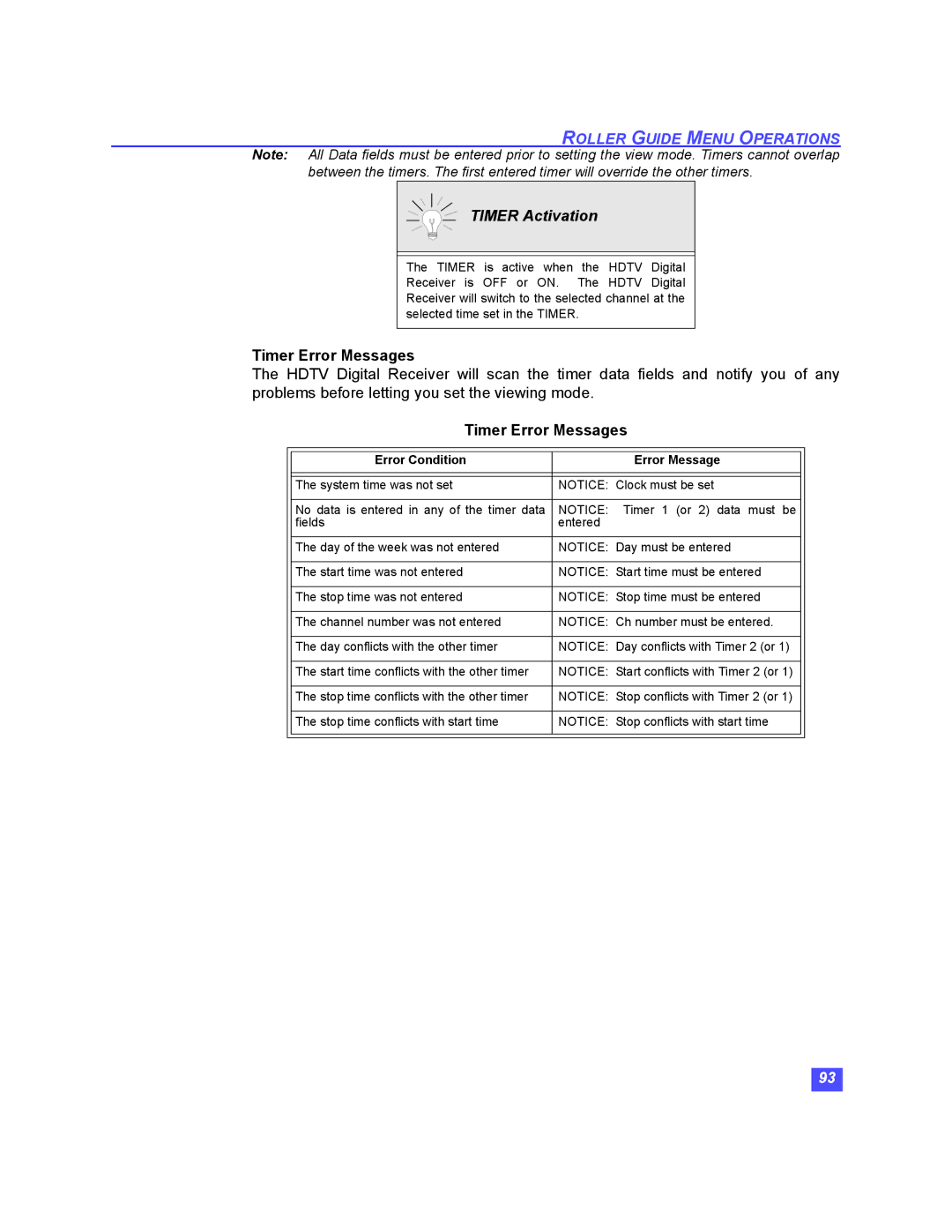 Panasonic TU-HDS20 manual Timer Activation, Timer Error Messages 