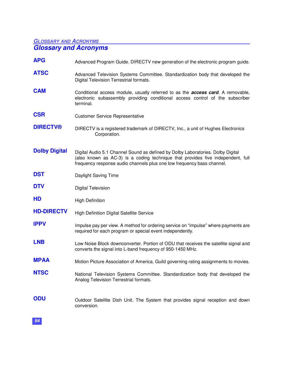 Panasonic TU-HDS20 manual Glossary and Acronyms, Dolby Digital 