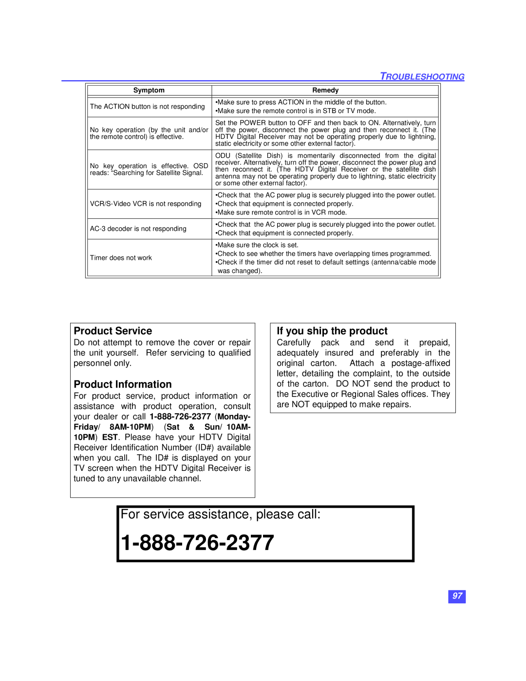 Panasonic TU-HDS20 manual For service assistance, please call 