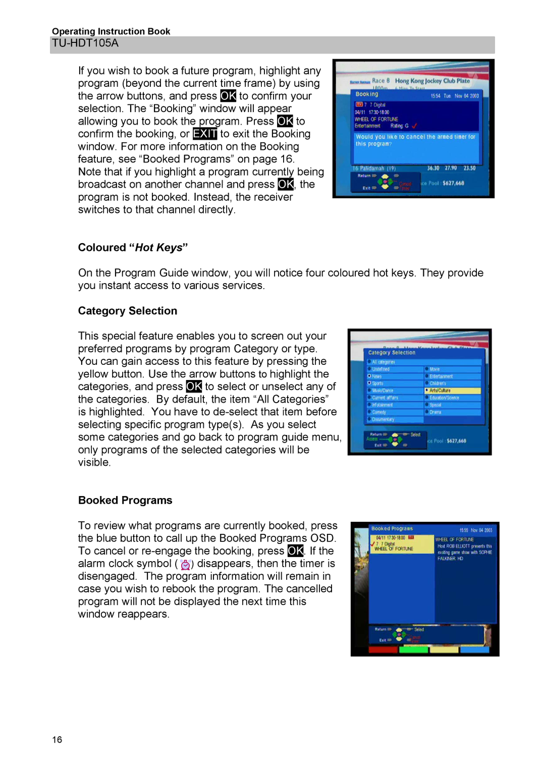 Panasonic TU-HDT105A manual Coloured Hot Keys, Category Selection, Booked Programs 