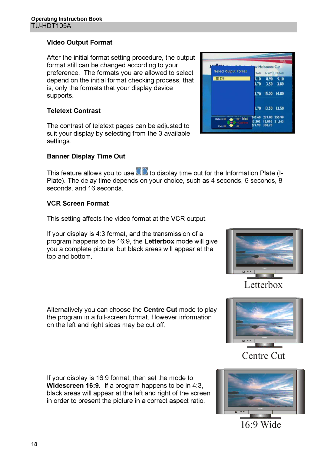 Panasonic TU-HDT105A manual Teletext Contrast, Banner Display Time Out, VCR Screen Format 