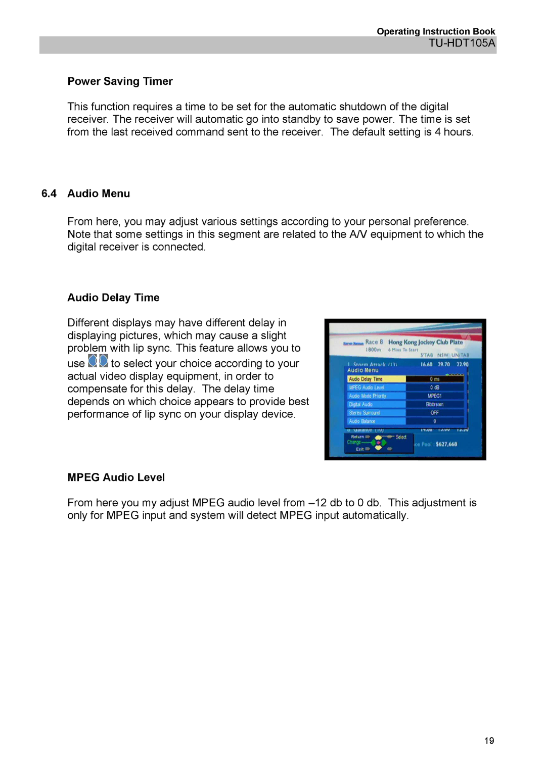 Panasonic TU-HDT105A manual Audio Menu, Audio Delay Time, Mpeg Audio Level 