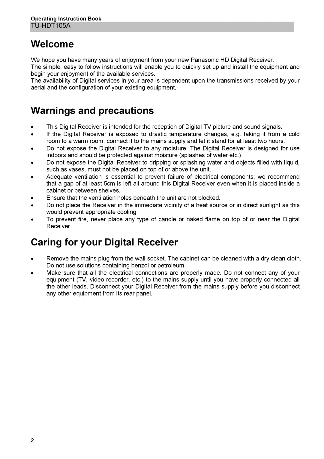 Panasonic TU-HDT105A manual Welcome 