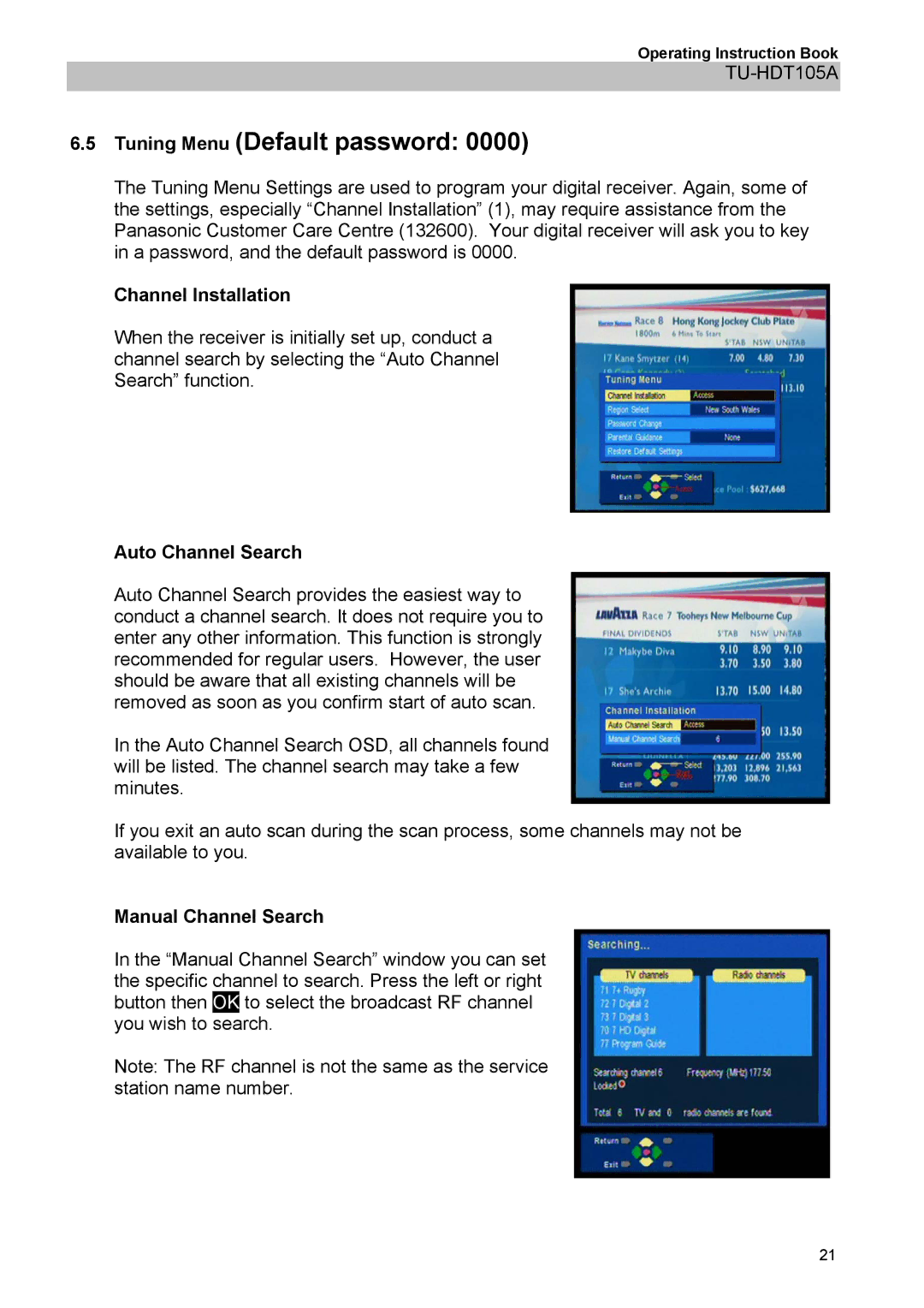 Panasonic TU-HDT105A manual Channel Installation, Auto Channel Search, Manual Channel Search 