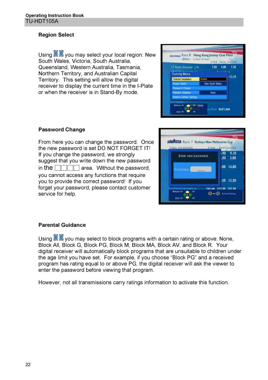 Panasonic TU-HDT105A manual Region Select, Password Change, Parental Guidance 