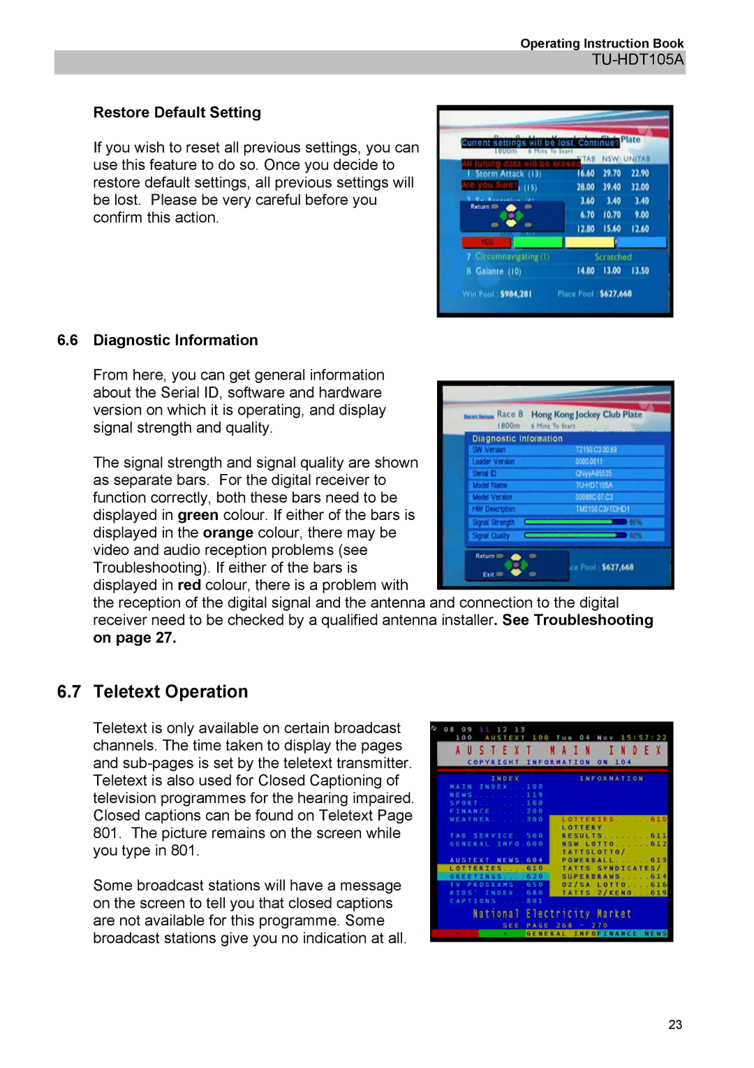 Panasonic TU-HDT105A manual Teletext Operation, Restore Default Setting, Diagnostic Information 