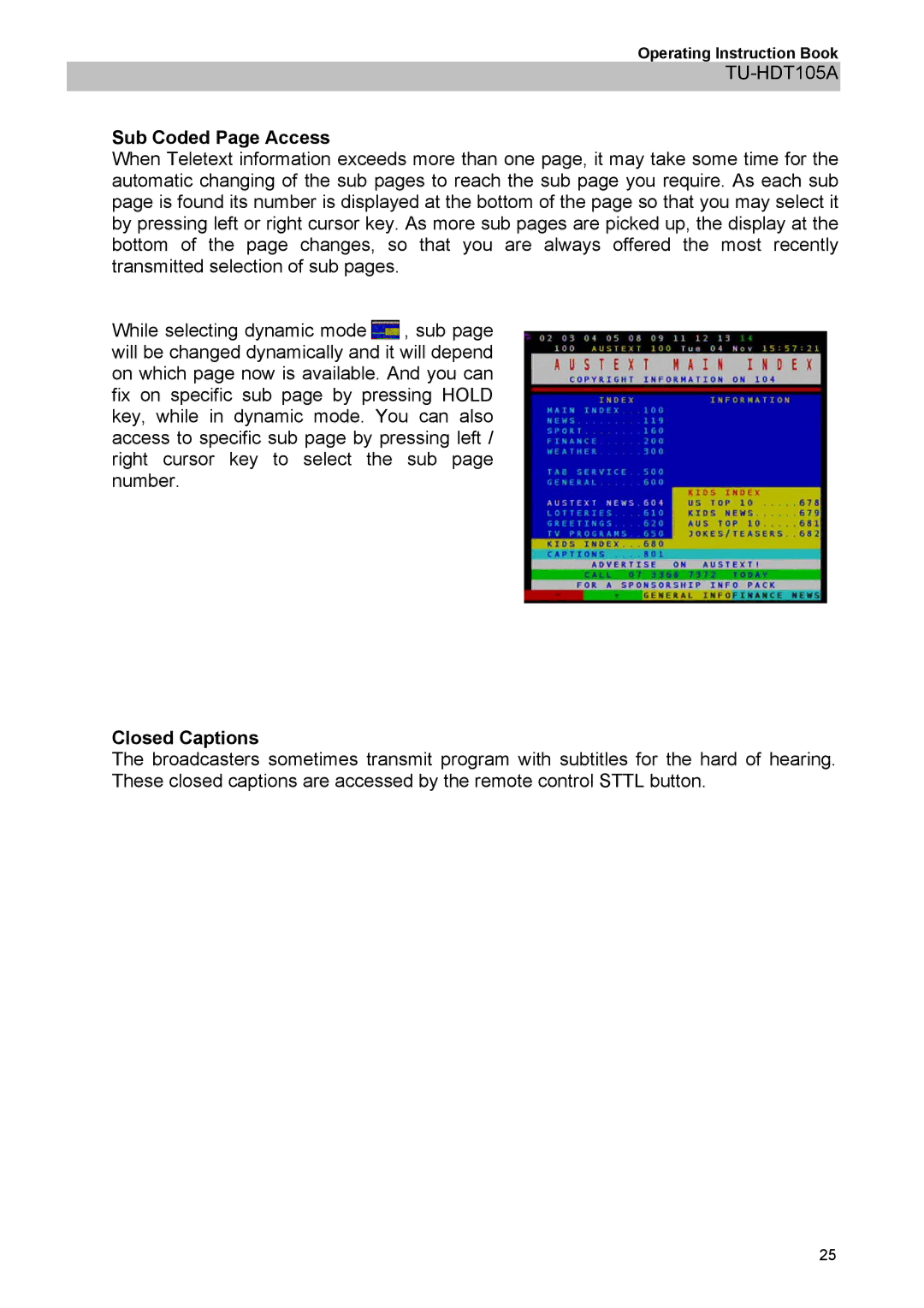 Panasonic TU-HDT105A manual Sub Coded Page Access, Closed Captions 