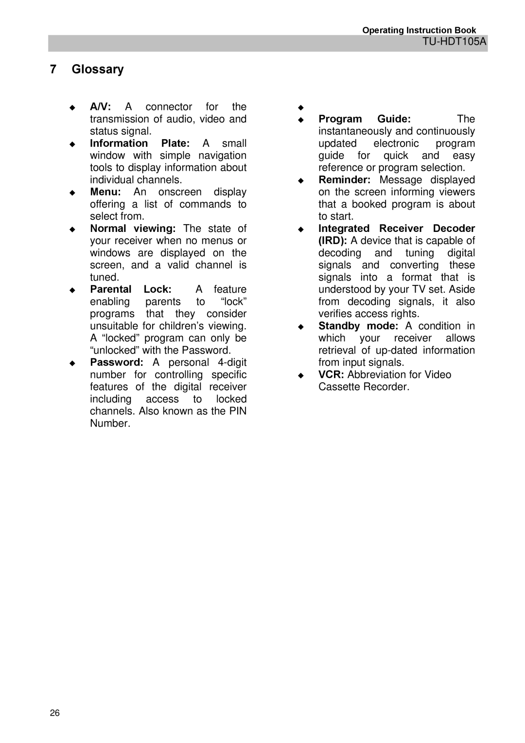 Panasonic TU-HDT105A manual Glossary 