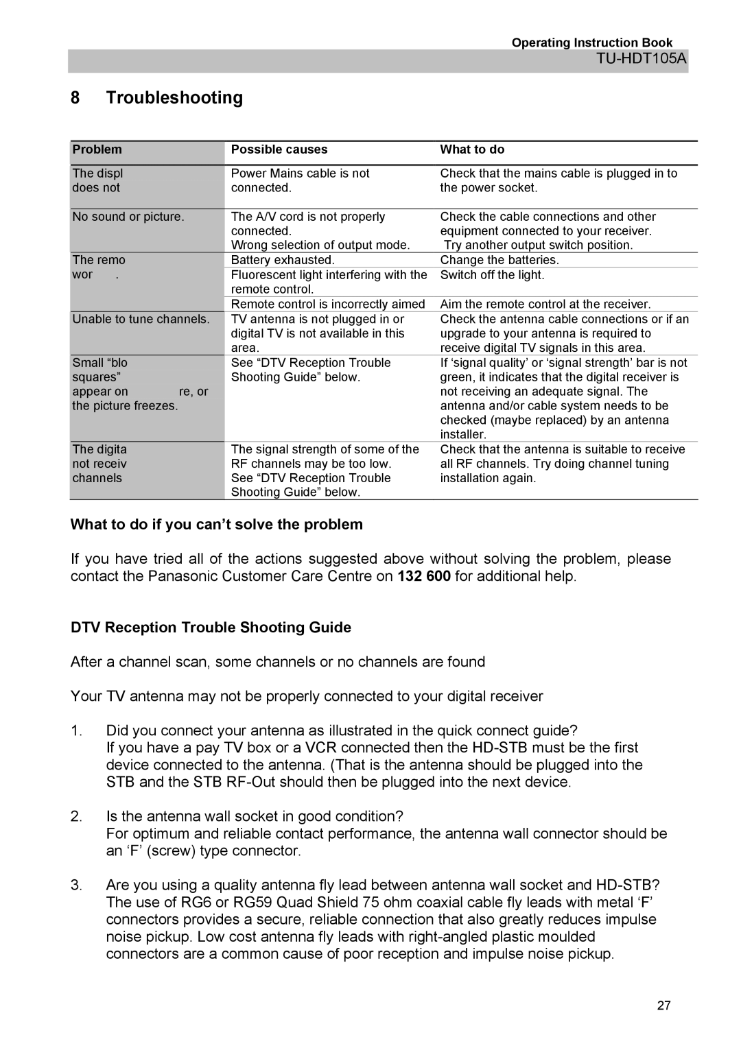 Panasonic TU-HDT105A Troubleshooting, What to do if you can’t solve the problem, DTV Reception Trouble Shooting Guide 