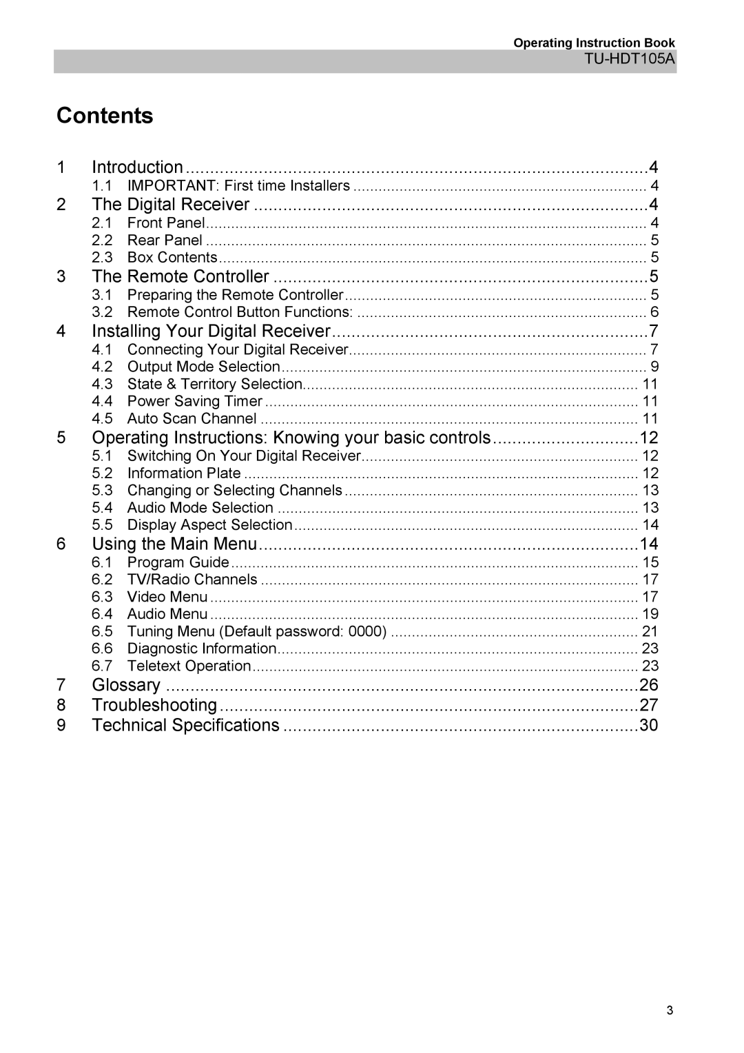 Panasonic TU-HDT105A manual Contents 