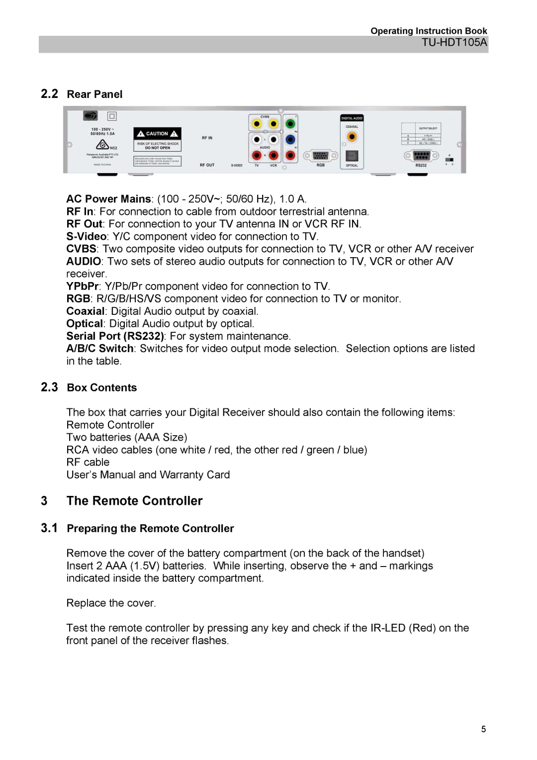 Panasonic TU-HDT105A manual Rear Panel, Box Contents, Preparing the Remote Controller 