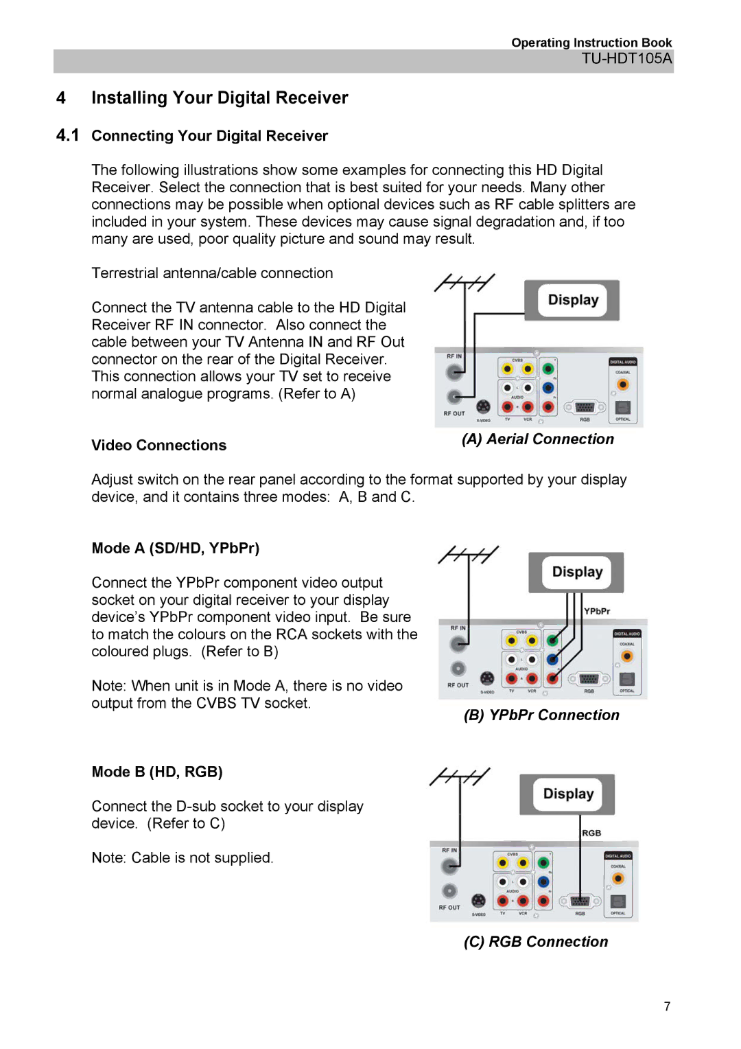 Panasonic TU-HDT105A Installing Your Digital Receiver, Connecting Your Digital Receiver, Video Connections, Mode B HD, RGB 