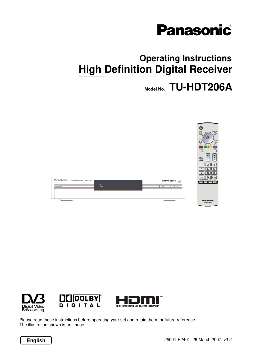 Panasonic TU-HDT206A manual High Definition Digital Receiver, English 