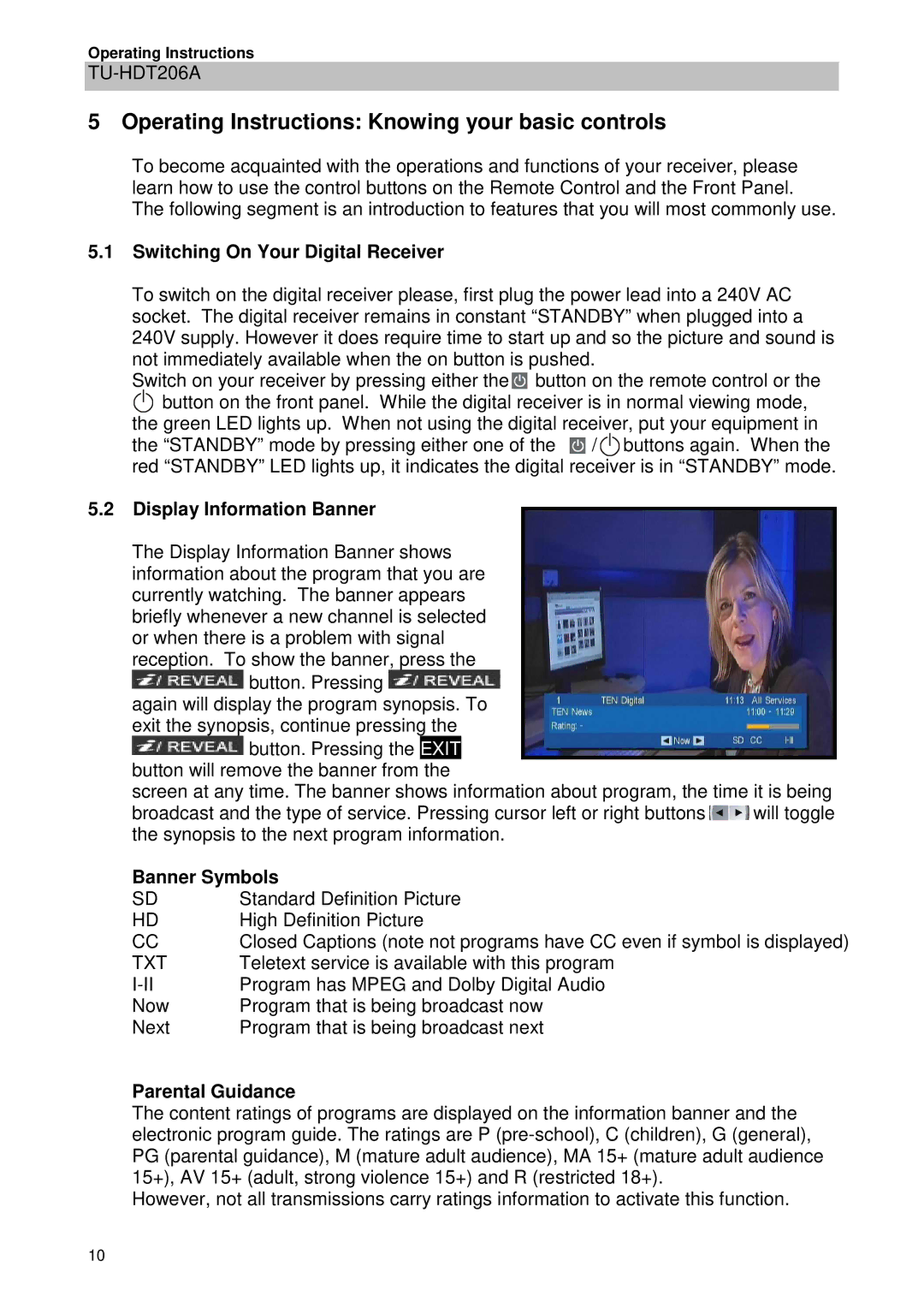 Panasonic TU-HDT206A manual Operating Instructions Knowing your basic controls, Switching On Your Digital Receiver 