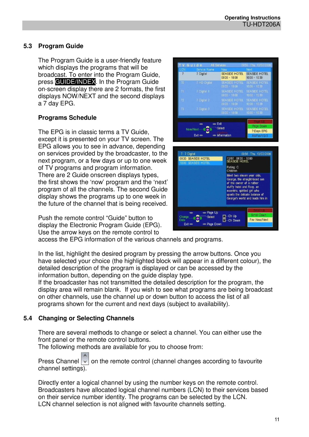 Panasonic TU-HDT206A manual Program Guide, Programs Schedule, Changing or Selecting Channels 