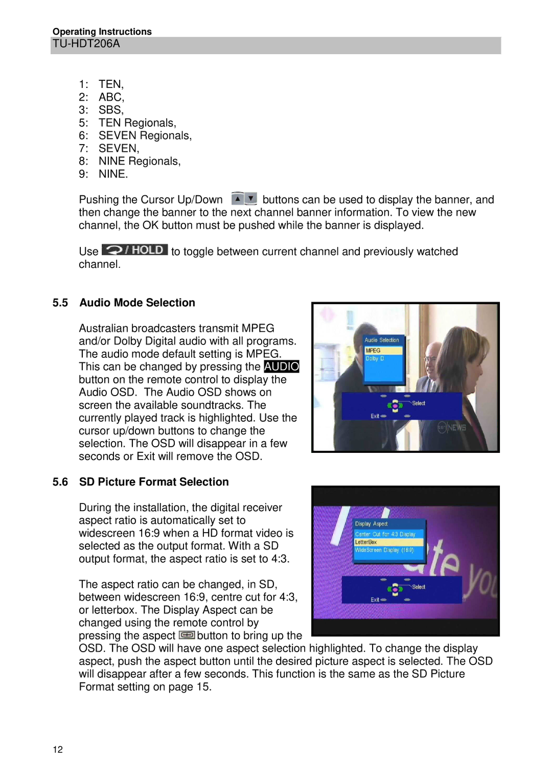 Panasonic TU-HDT206A manual Audio Mode Selection, SD Picture Format Selection 