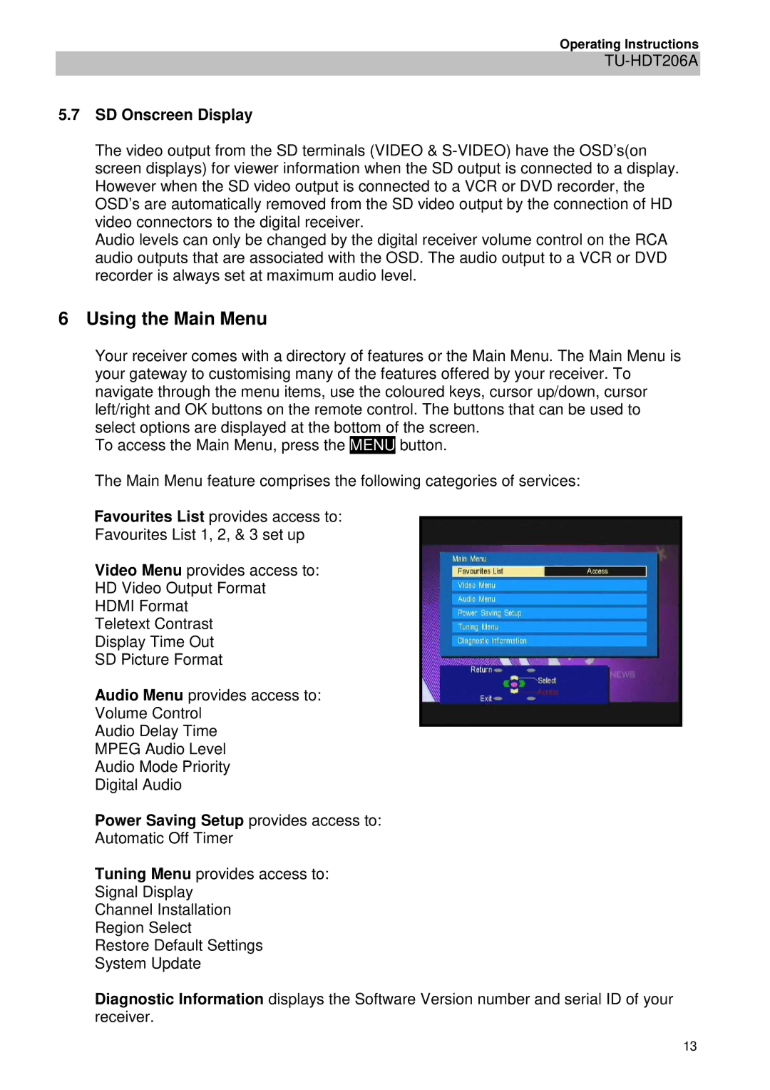 Panasonic TU-HDT206A manual Using the Main Menu, SD Onscreen Display, Power Saving Setup provides access to 