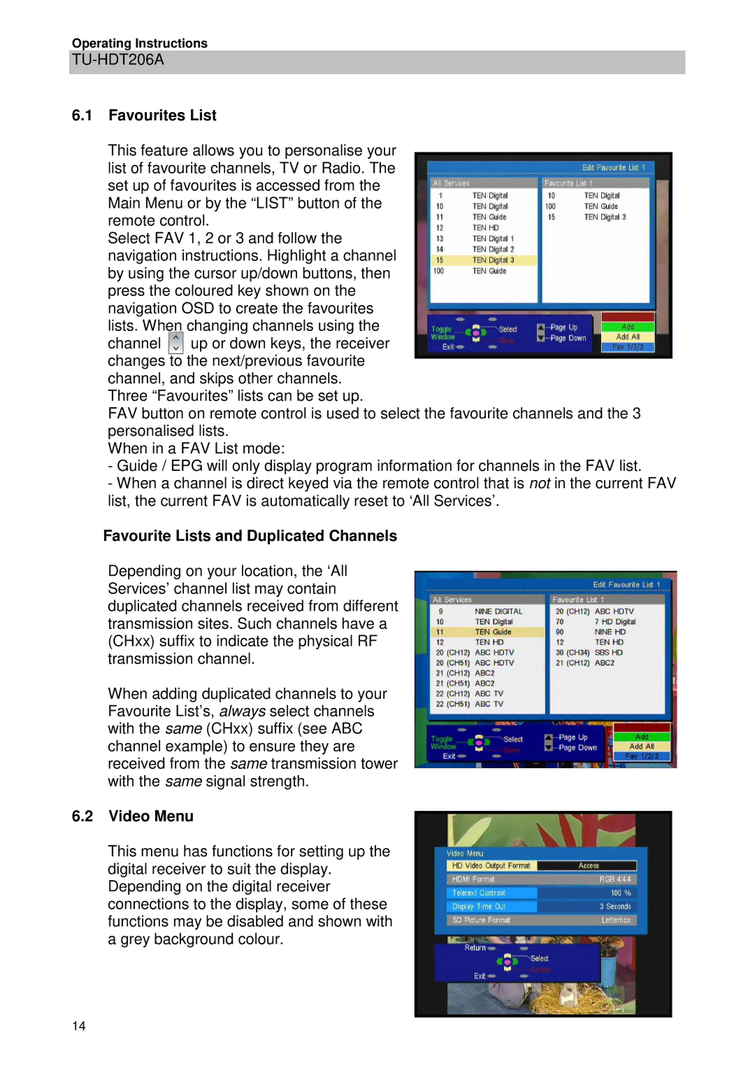 Panasonic TU-HDT206A manual Favourites List, Favourite Lists and Duplicated Channels, Video Menu 