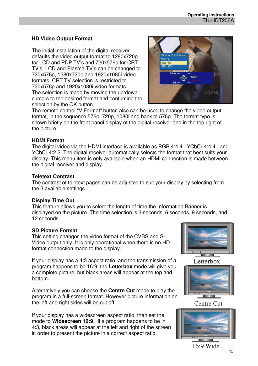 Panasonic TU-HDT206A manual HD Video Output Format, Hdmi Format, Teletext Contrast, Display Time Out, SD Picture Format 