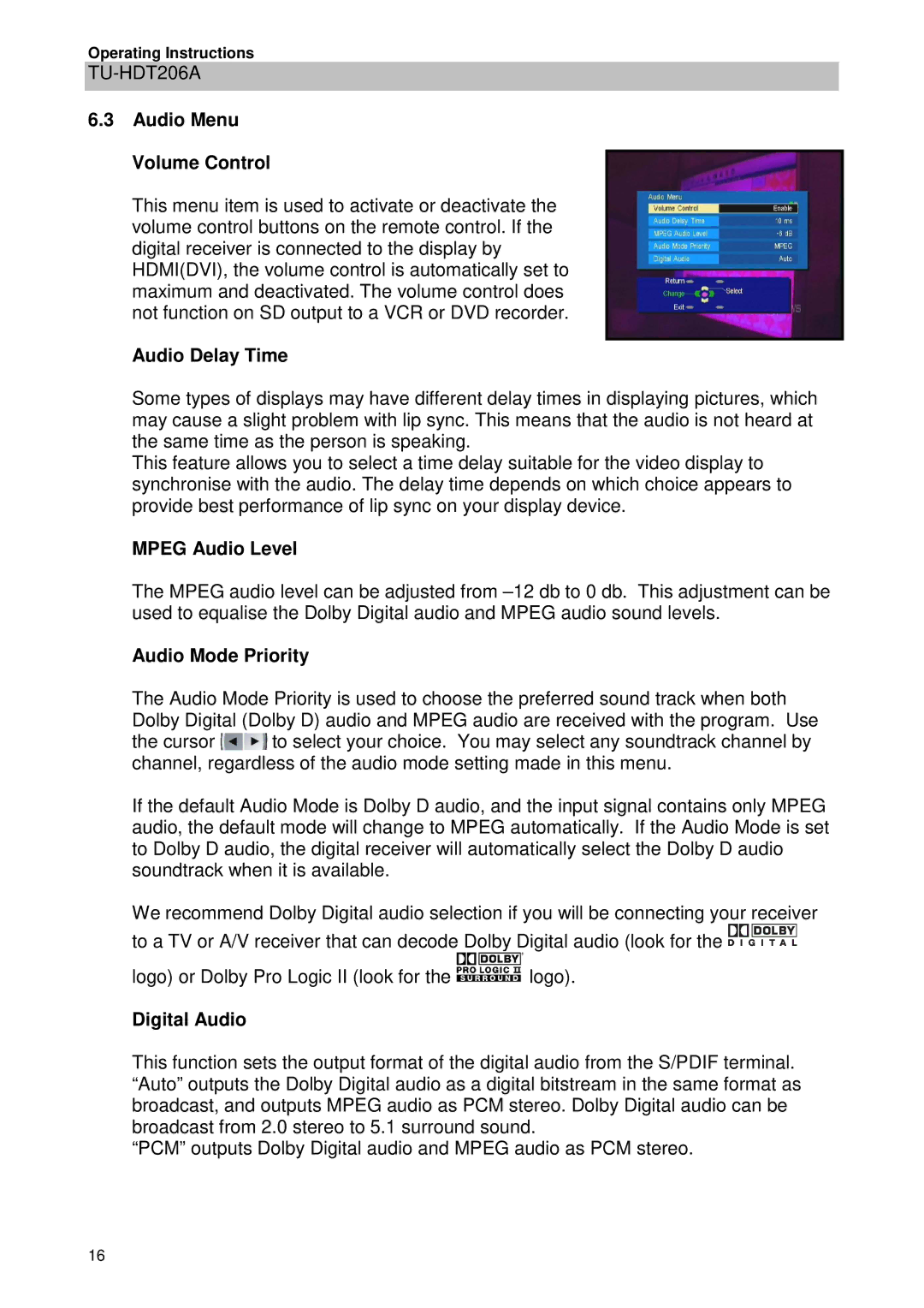 Panasonic TU-HDT206A Audio Menu Volume Control, Audio Delay Time, Mpeg Audio Level, Audio Mode Priority, Digital Audio 