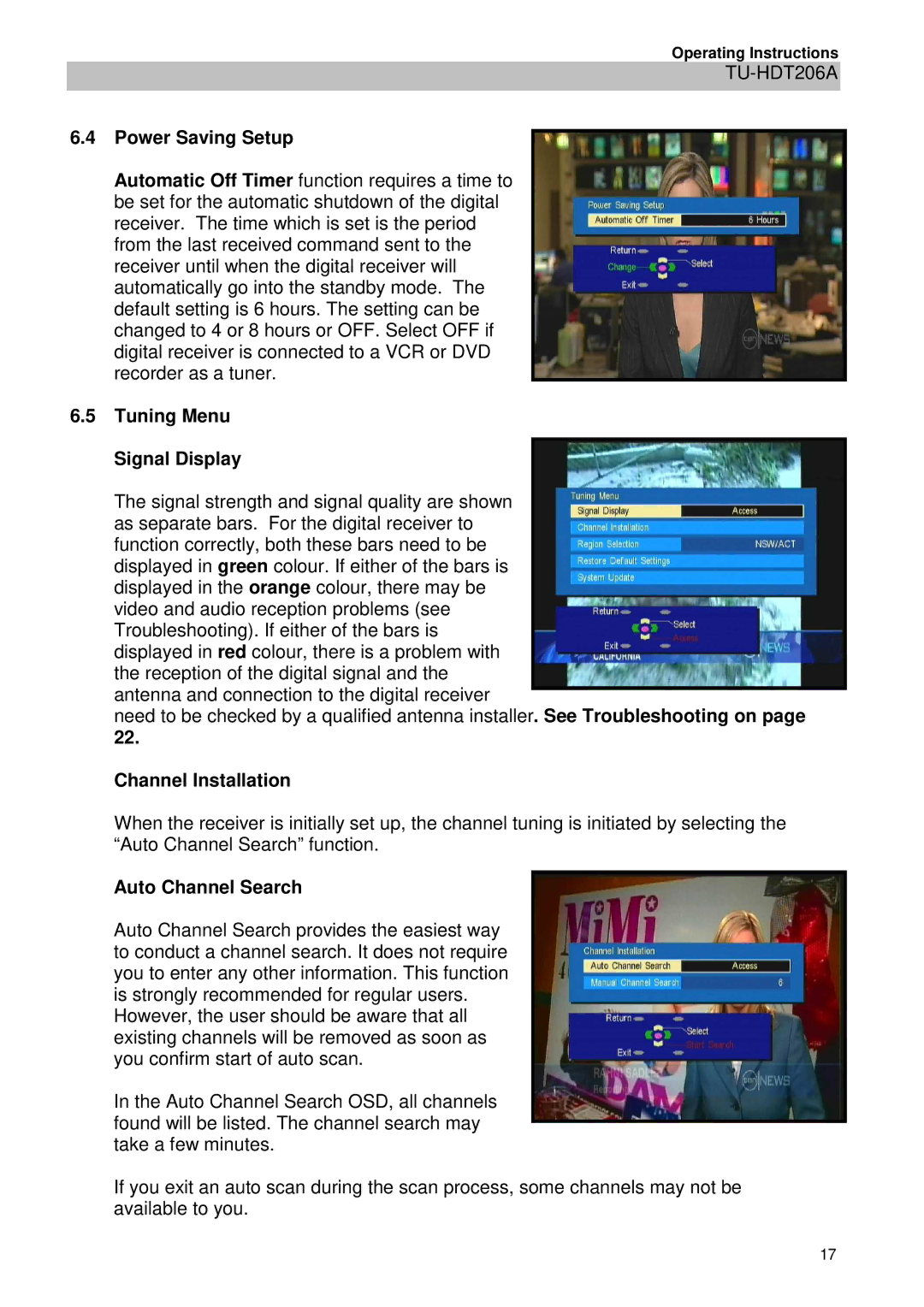 Panasonic TU-HDT206A manual Power Saving Setup, Tuning Menu Signal Display, Channel Installation, Auto Channel Search 