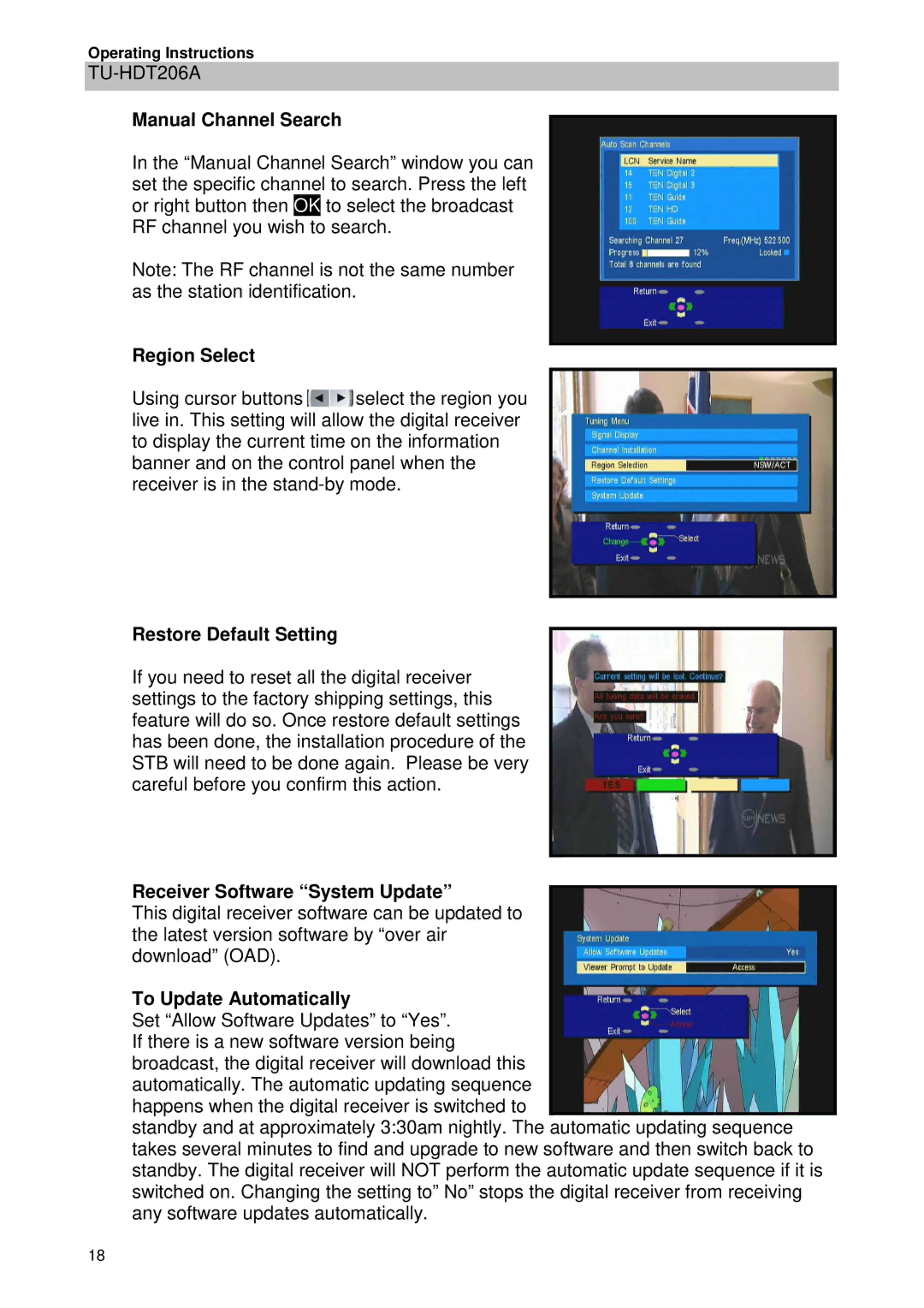Panasonic TU-HDT206A manual Manual Channel Search, Region Select, Restore Default Setting, Receiver Software System Update 