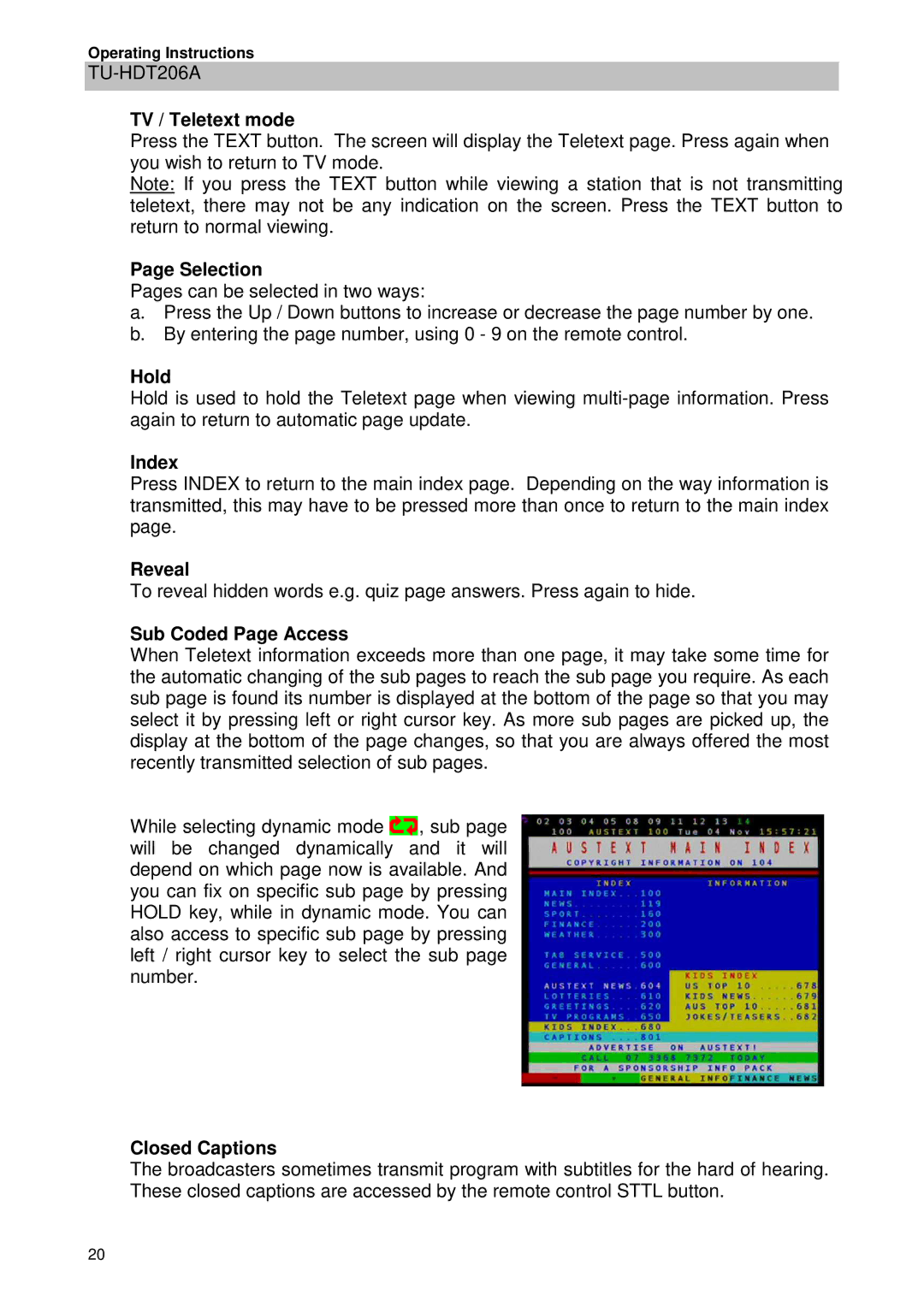 Panasonic TU-HDT206A manual TV / Teletext mode, Selection, Hold, Index, Reveal, Sub Coded Page Access, Closed Captions 