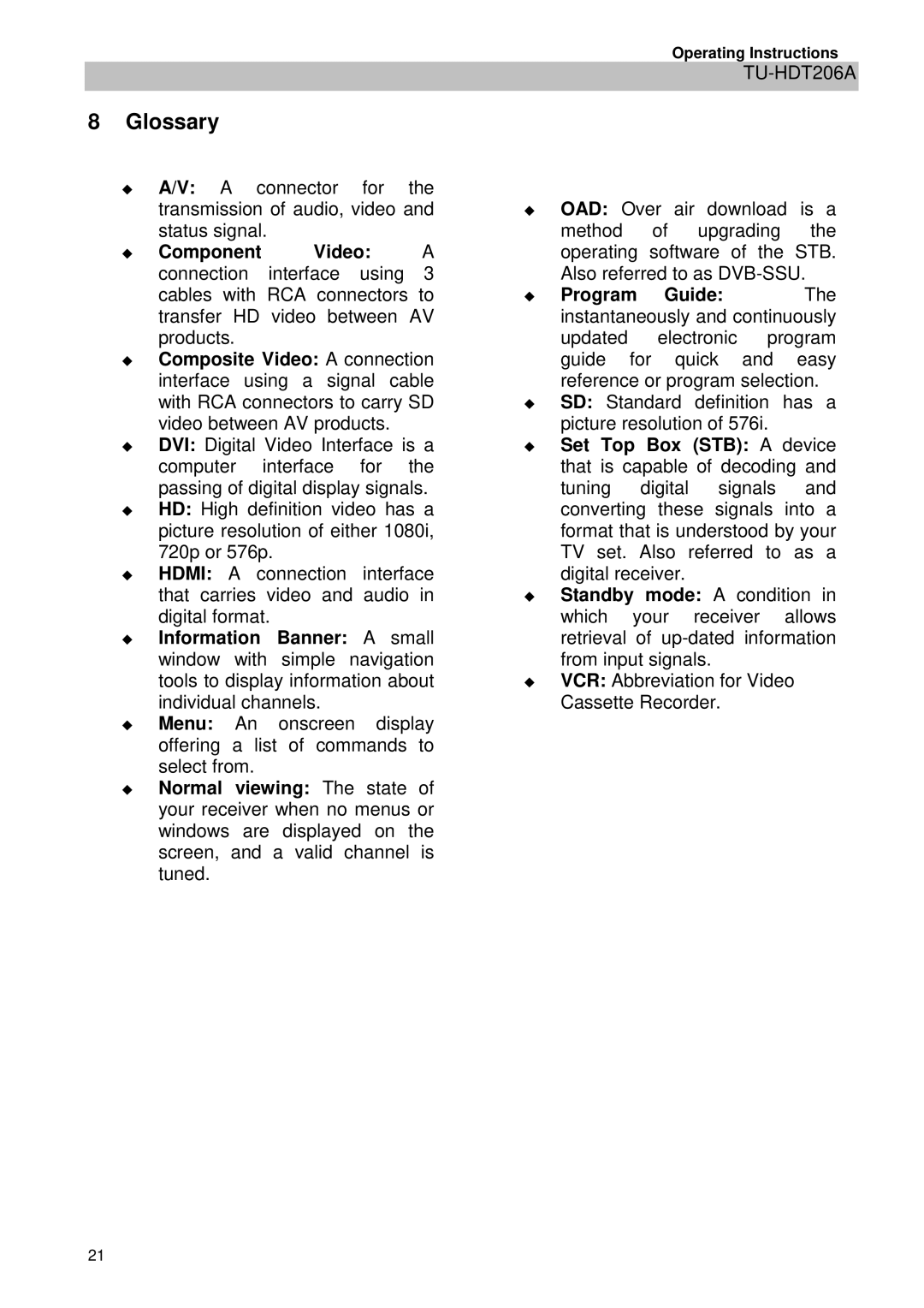 Panasonic TU-HDT206A manual Glossary 