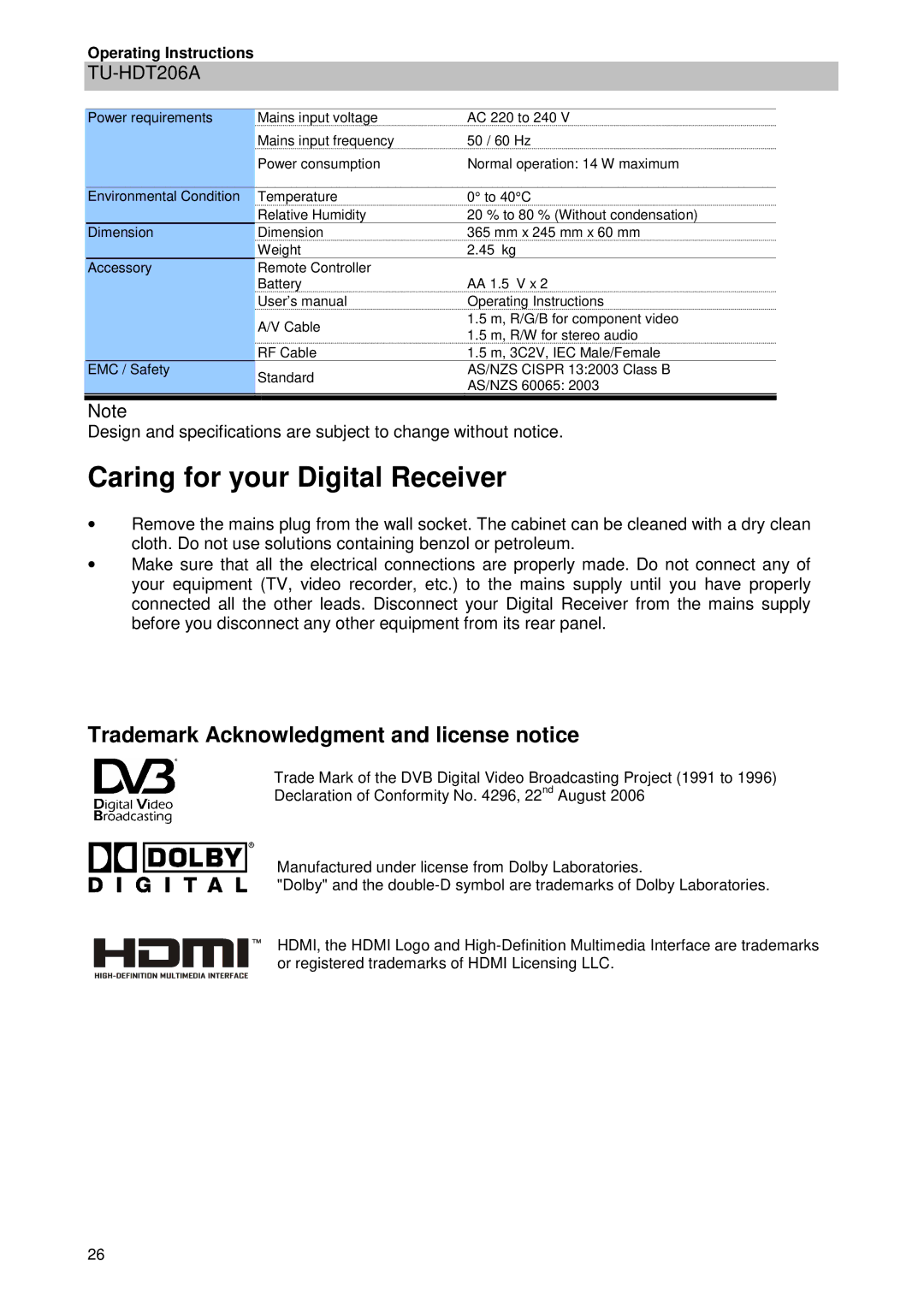 Panasonic TU-HDT206A manual Caring for your Digital Receiver, Trademark Acknowledgment and license notice 