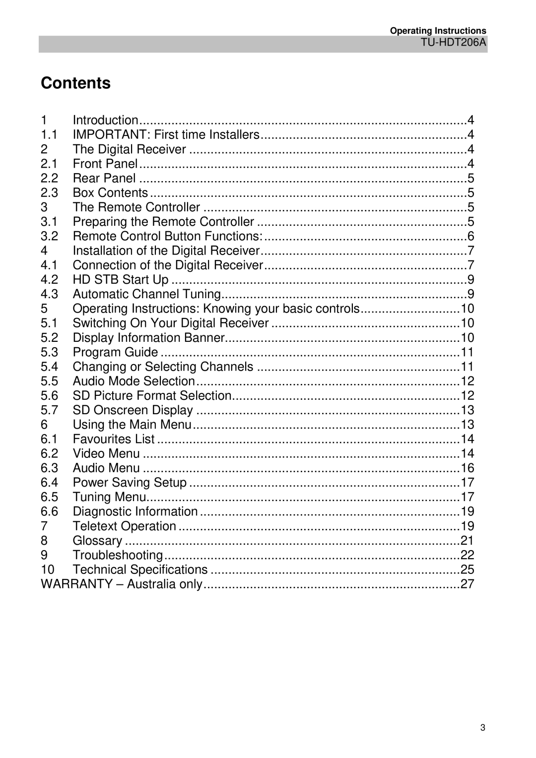 Panasonic TU-HDT206A manual Contents 