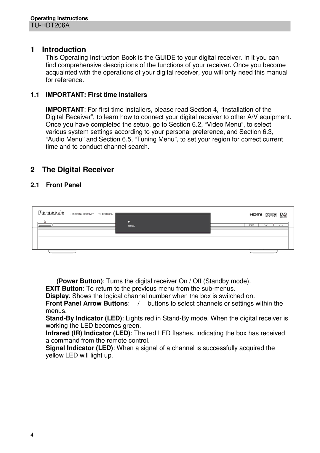 Panasonic TU-HDT206A manual Introduction, Digital Receiver, Important First time Installers, Front Panel 