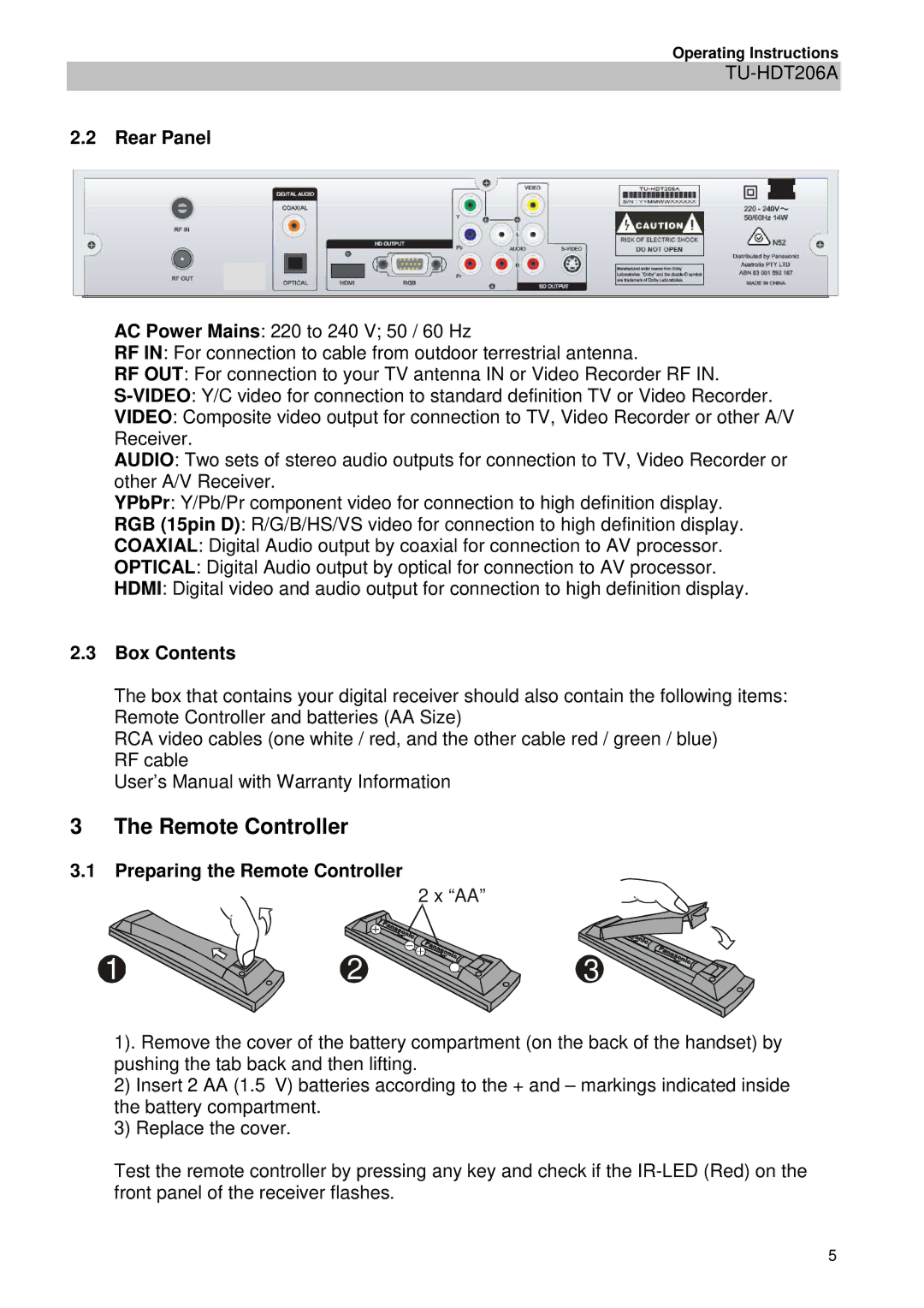 Panasonic TU-HDT206A manual Rear Panel, Box Contents, Preparing the Remote Controller 