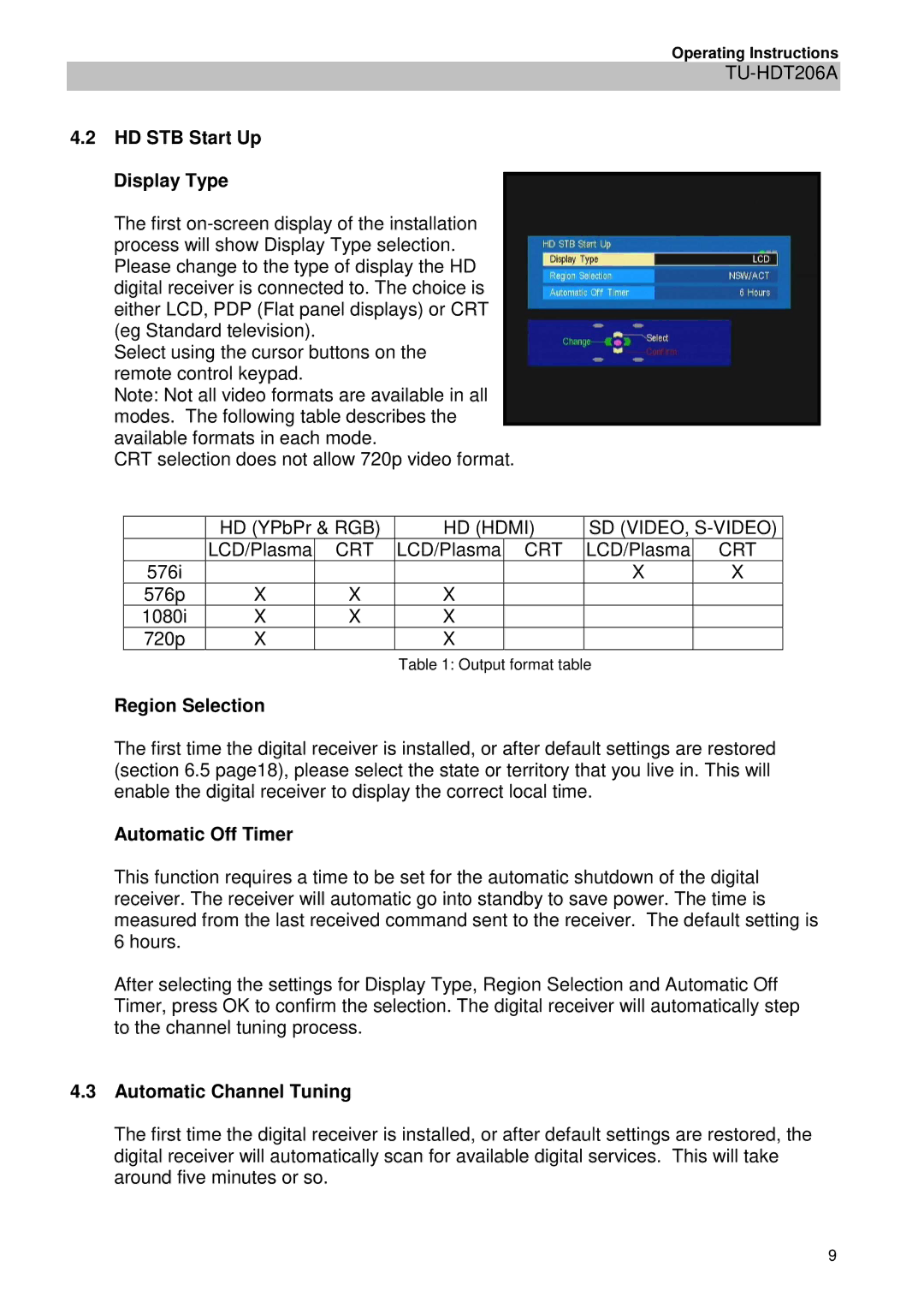 Panasonic TU-HDT206A manual HD STB Start Up Display Type, Region Selection, Automatic Off Timer, Automatic Channel Tuning 