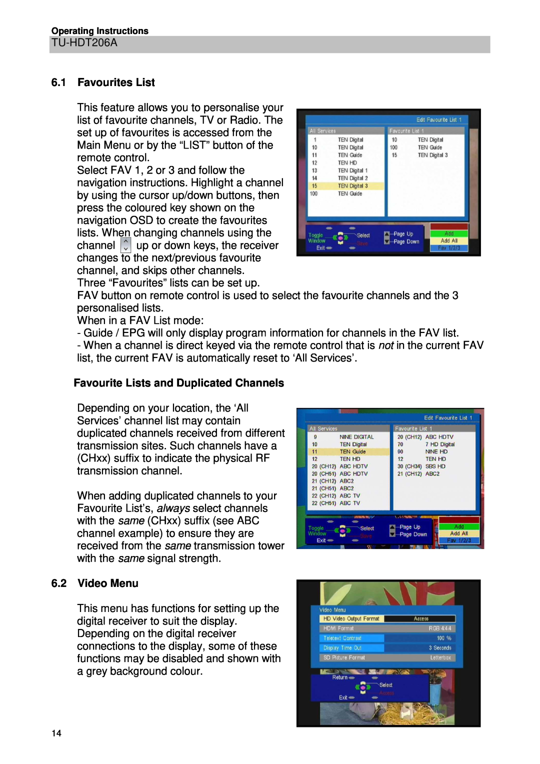 Panasonic TU-HDT206A manual 6.1Favourites List, Favourite Lists and Duplicated Channels, 6.2Video Menu 