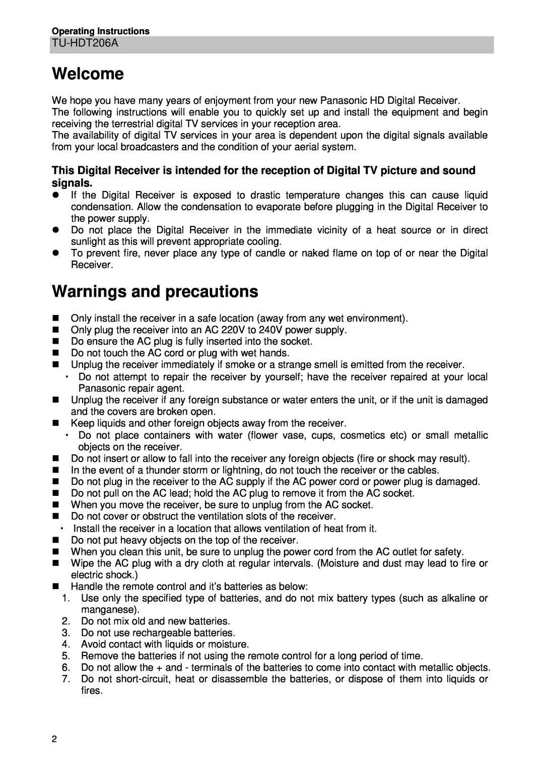 Panasonic TU-HDT206A manual Welcome, Warnings and precautions 