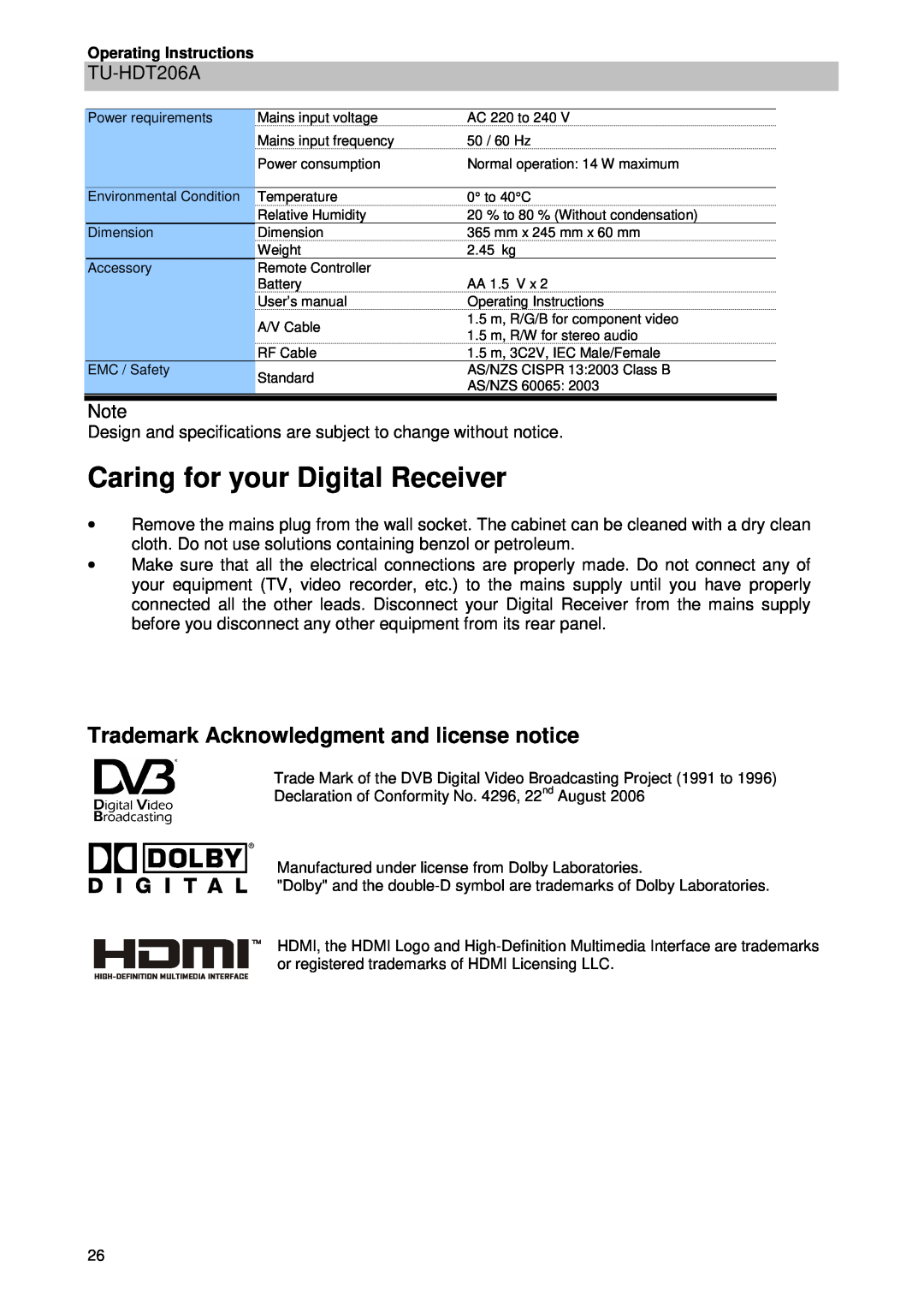 Panasonic TU-HDT206A manual Caring for your Digital Receiver, Trademark Acknowledgment and license notice 