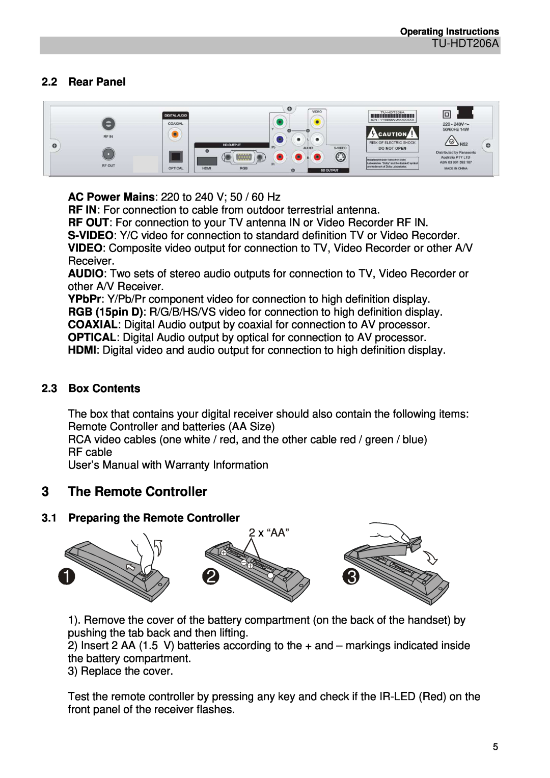 Panasonic TU-HDT206A The Remote Controller, 2.2Rear Panel, 2.3Box Contents, 3.1Preparing the Remote Controller, 2 x “AA” 