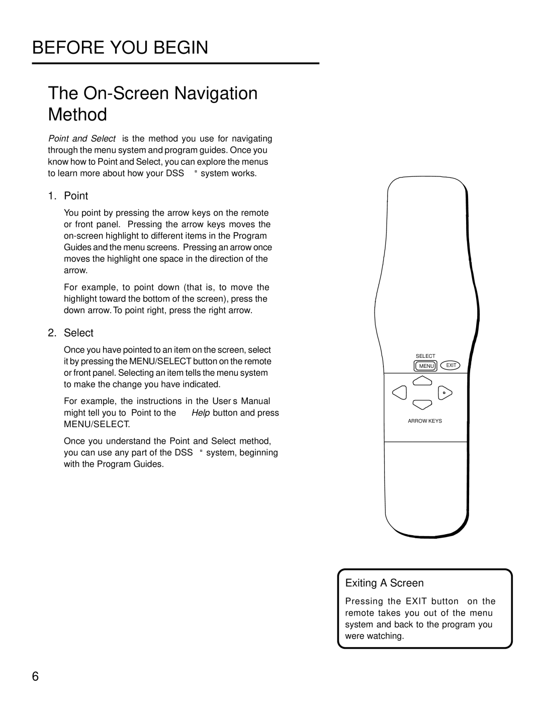 Panasonic TU-IRD20 manual On-Screen Navigation Method, Point, Select, Exiting a Screen 